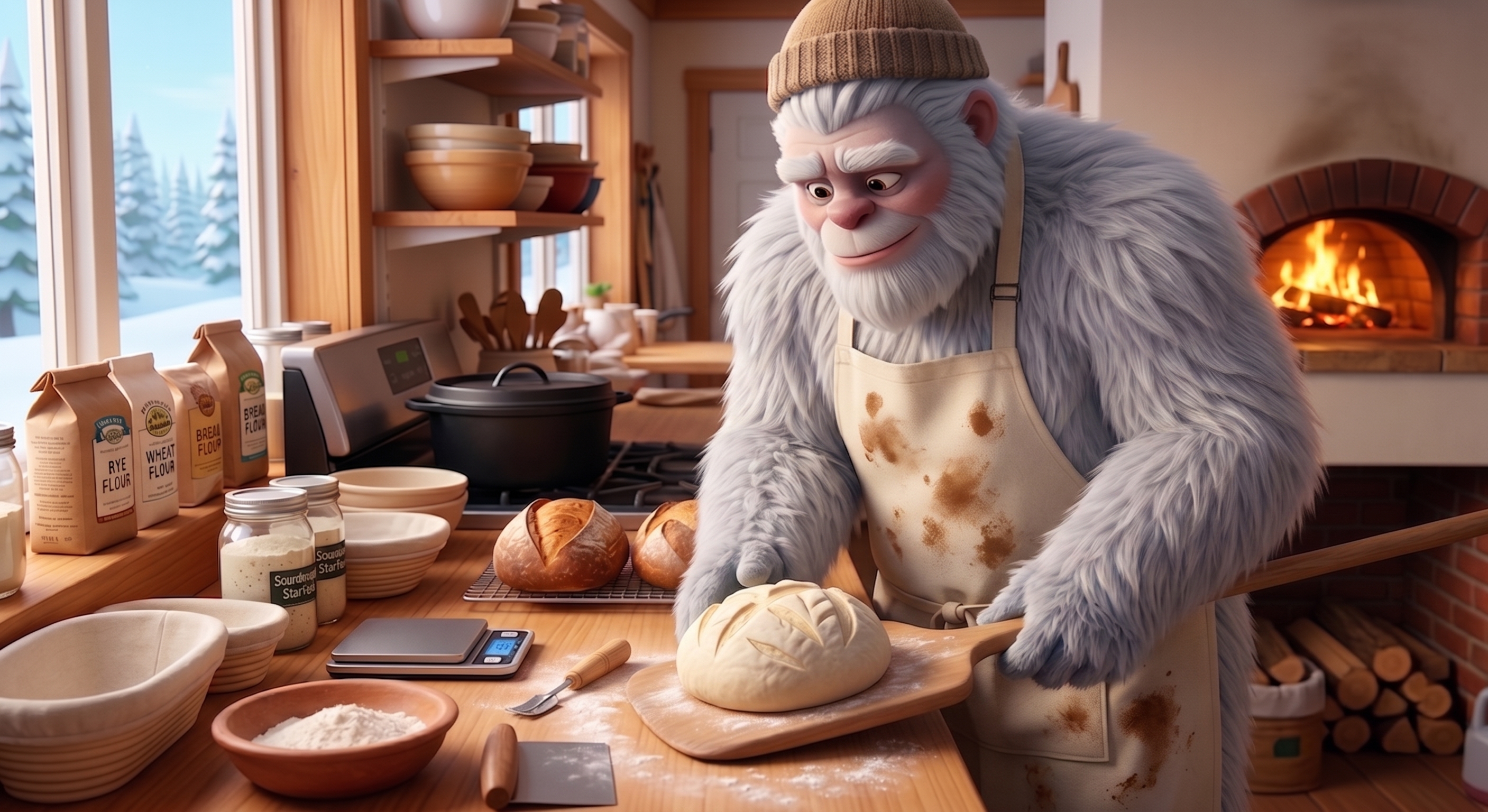 The Yeti kneading fresh sourdough dough in his cozy home bakery, wood-fired oven glowing behind him