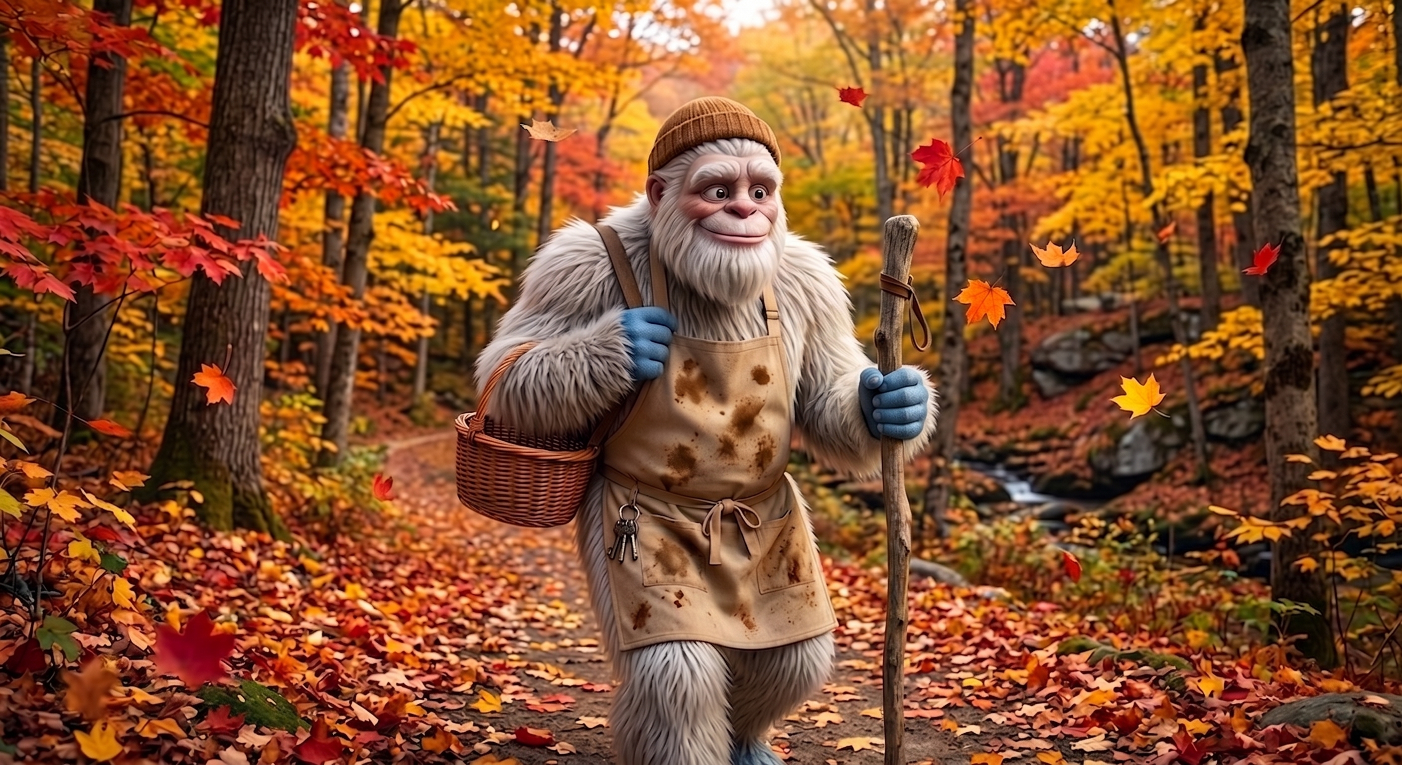 The Yeti hiking a forest trail in autumn, basket in hand