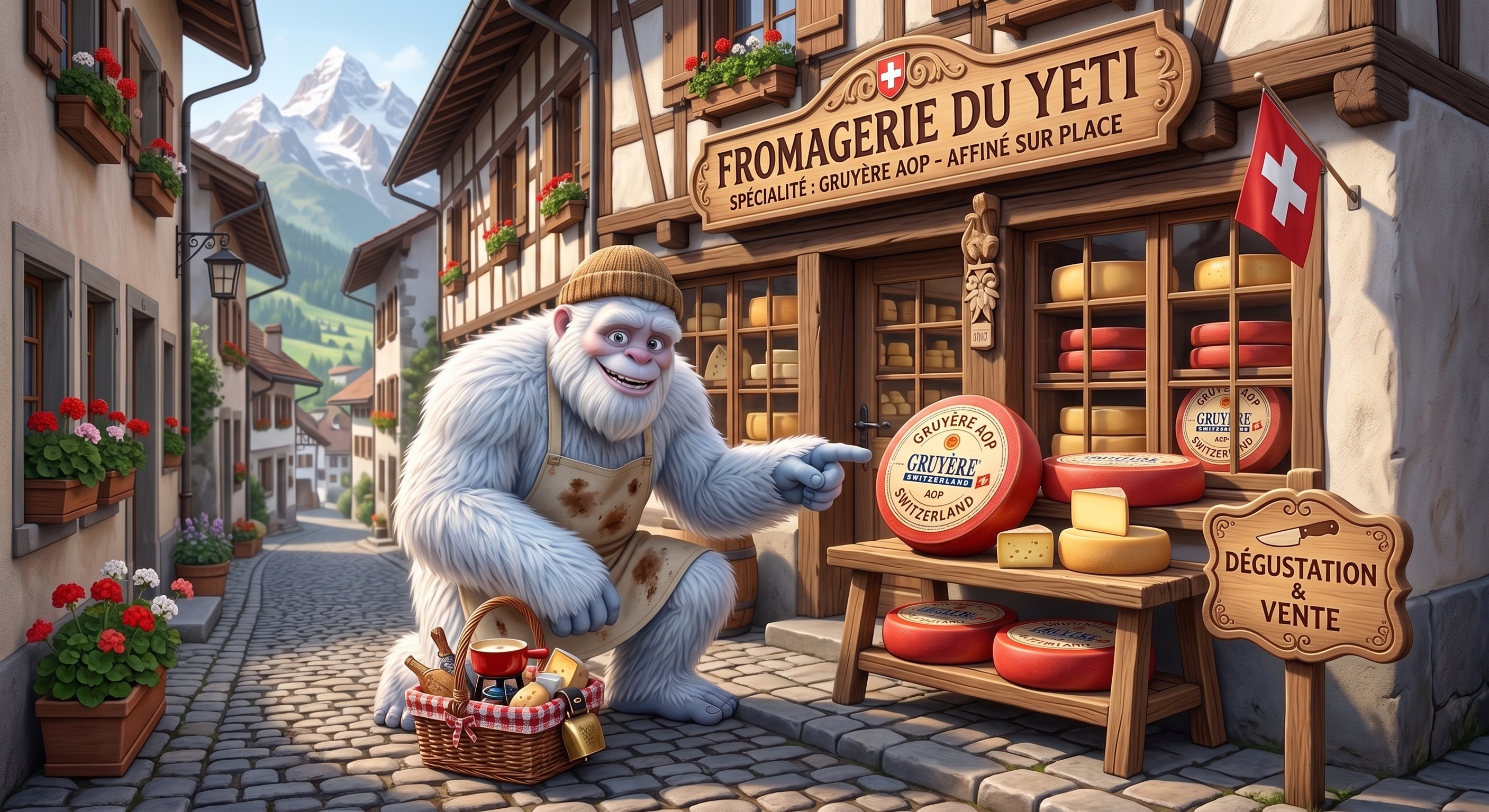 The Yeti browsing a Swiss fromagerie in a mountain village