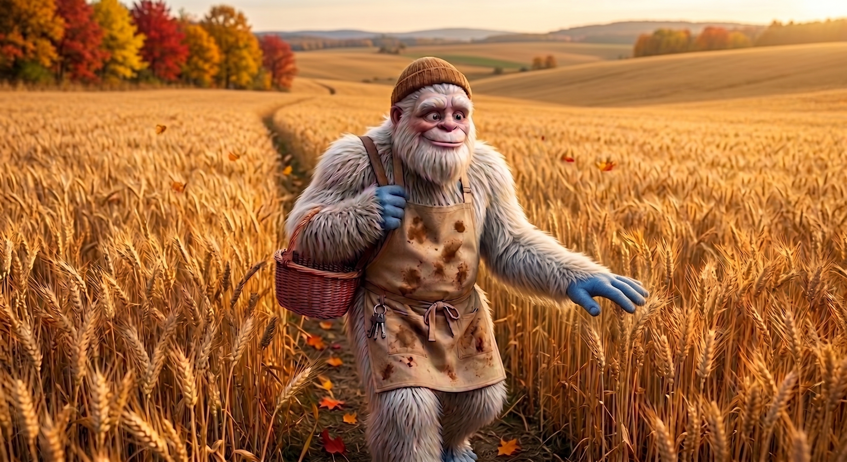 The Yeti walking through a golden wheat field at sunset