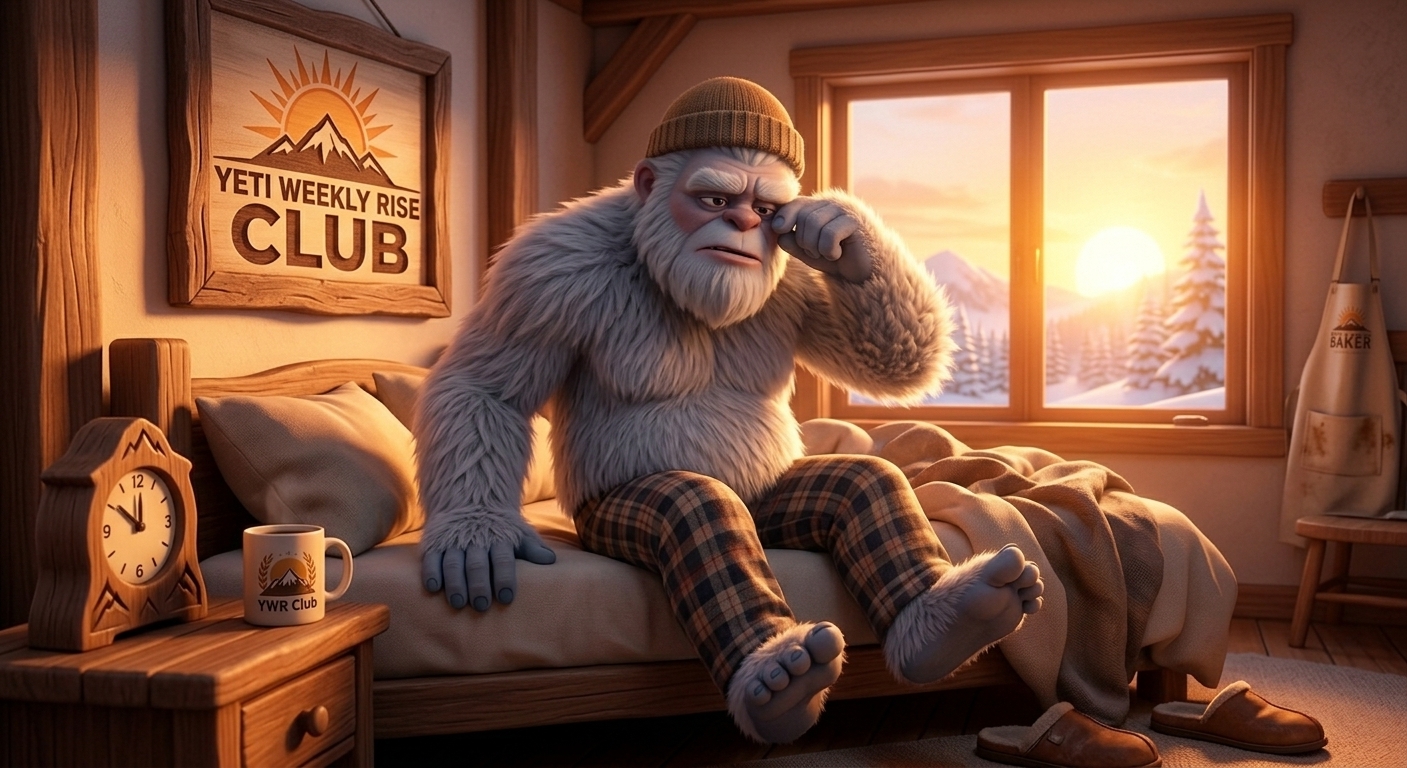 The Yeti waking up at sunrise beneath a Yeti Weekly Rise Club sign, ready for another baking day