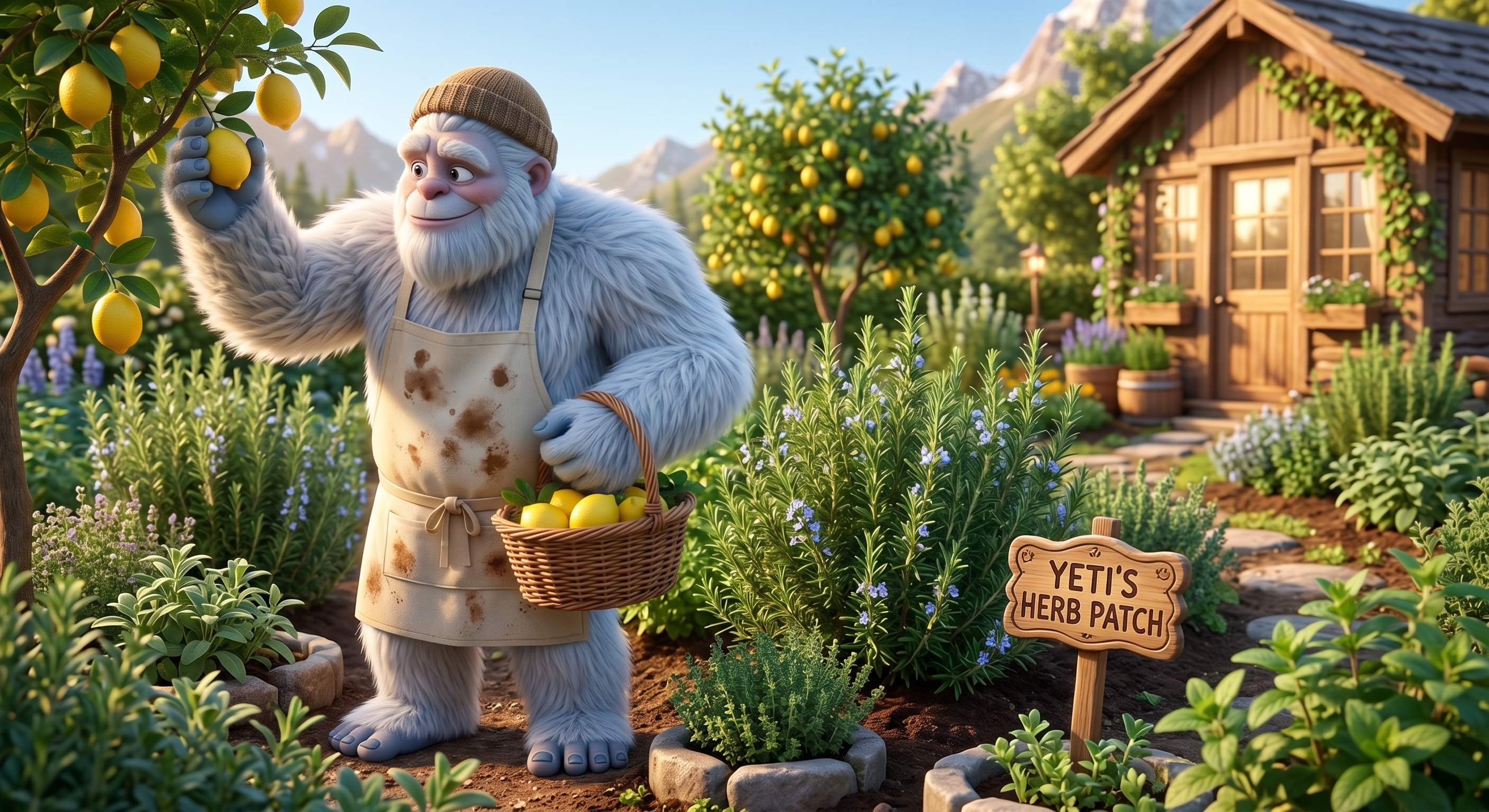 The Yeti picking fresh lemons and herbs from his backyard garden
