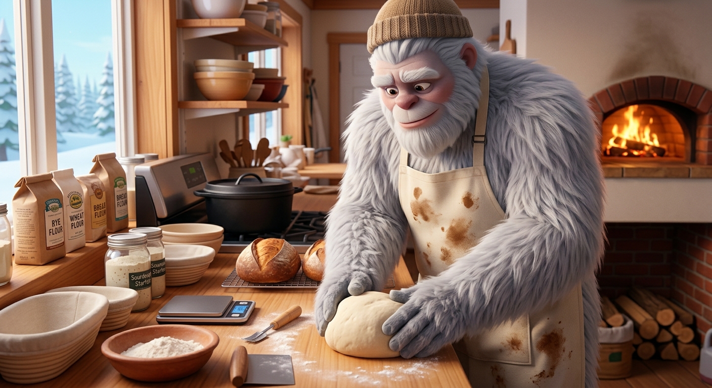 The Yeti kneading sourdough by hand at his kitchen counter, wood-fired oven glowing behind him