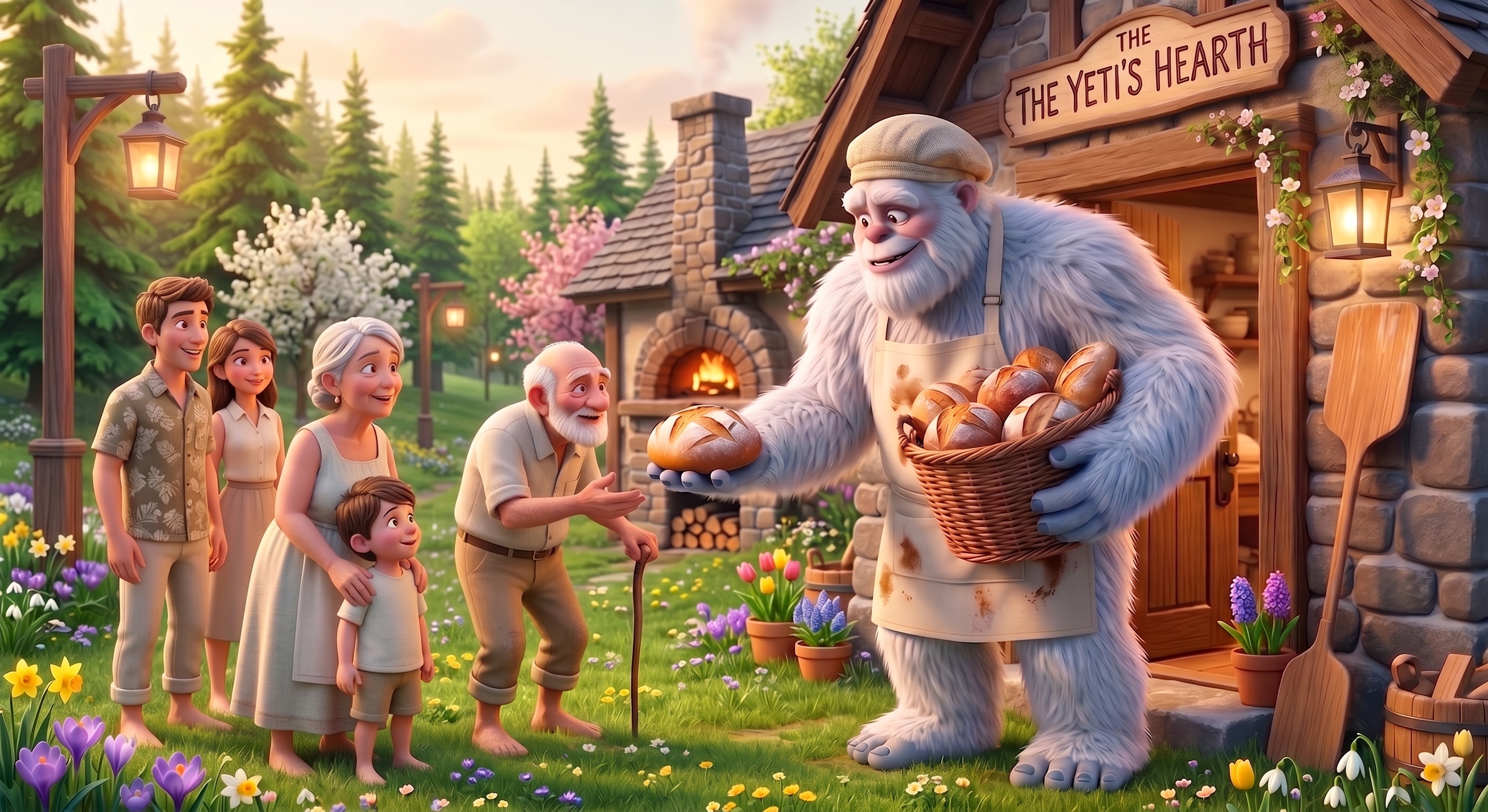 The Yeti handing a fresh loaf of sourdough to a happy neighborhood family outside his bakery